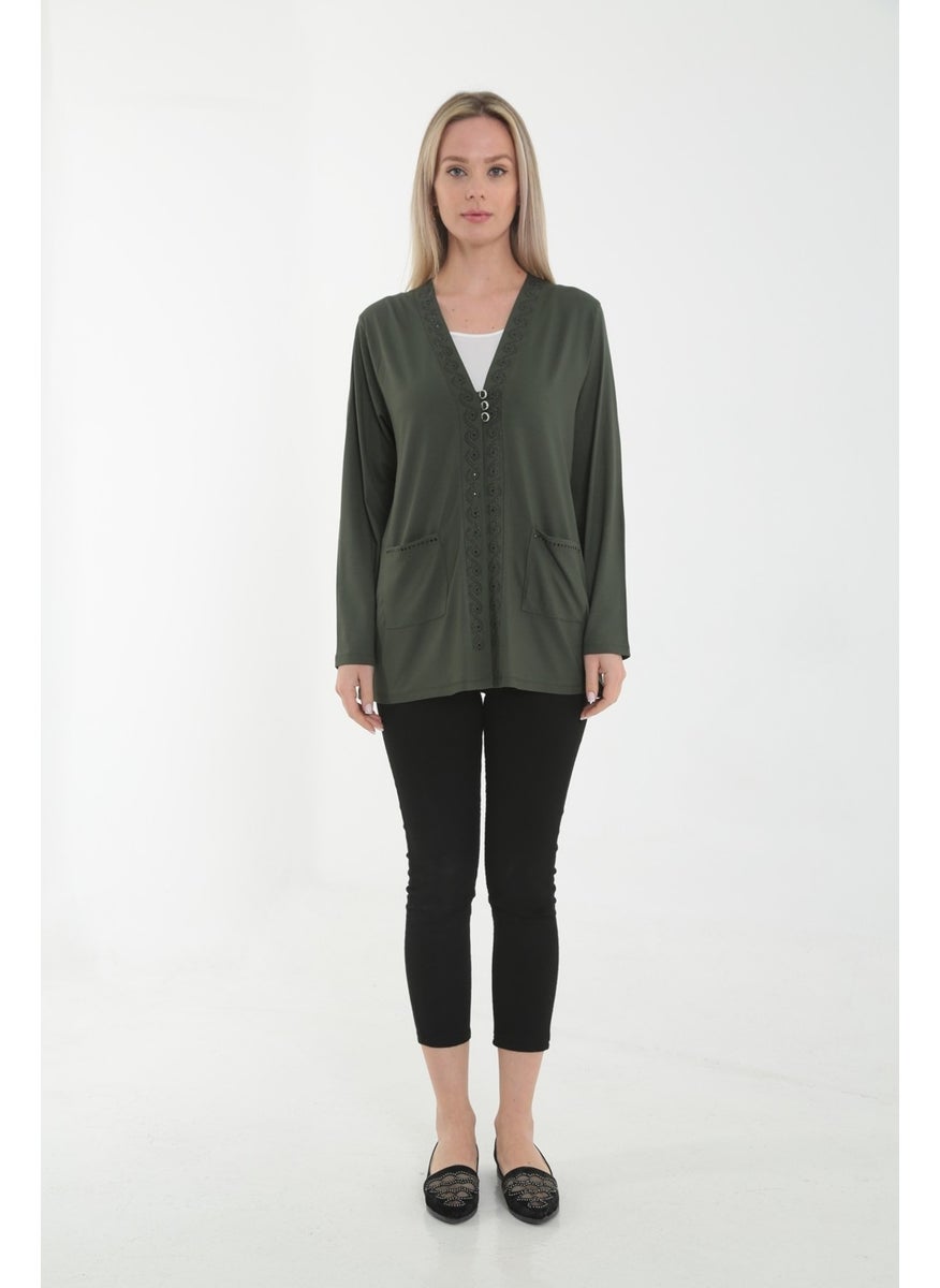 KMK Kombin - Mother's V-Neck Embroidered and Double Pocket Viscose Combed Cotton Cardigan - Image 1