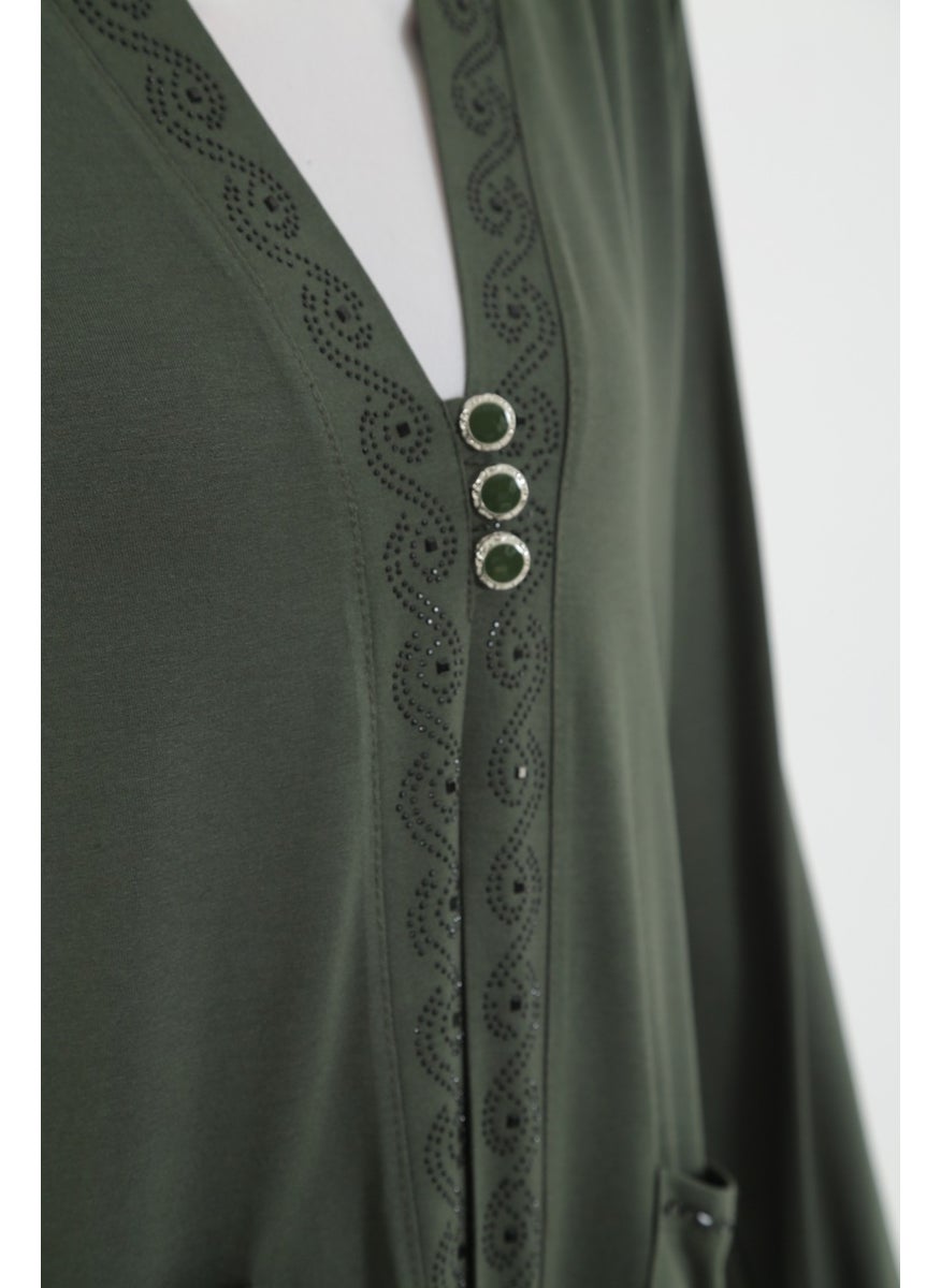 KMK Kombin - Mother's V-Neck Embroidered and Double Pocket Viscose Combed Cotton Cardigan - Image 1