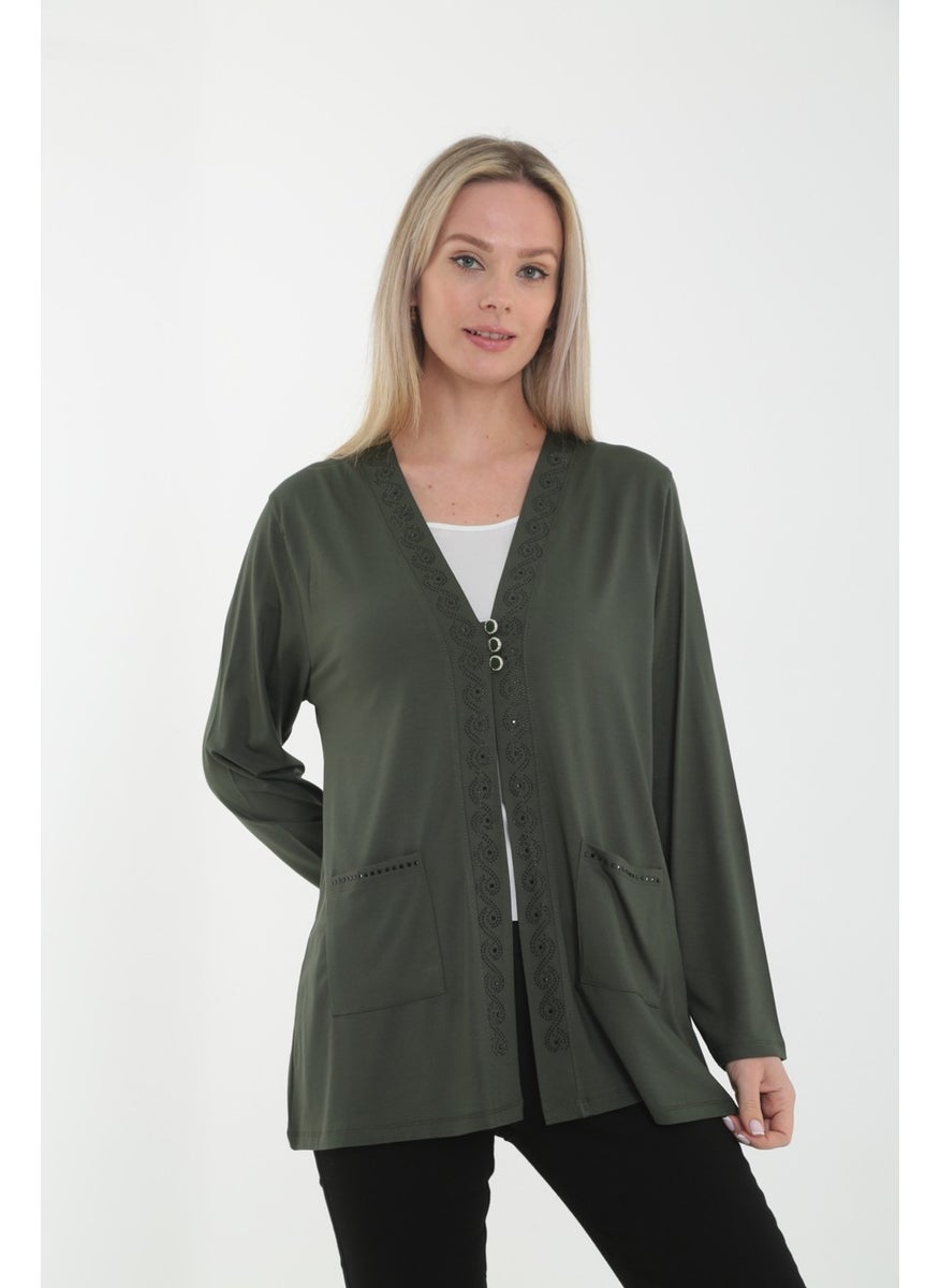 KMK Kombin - Mother's V-Neck Embroidered and Double Pocket Viscose Combed Cotton Cardigan - Image 1