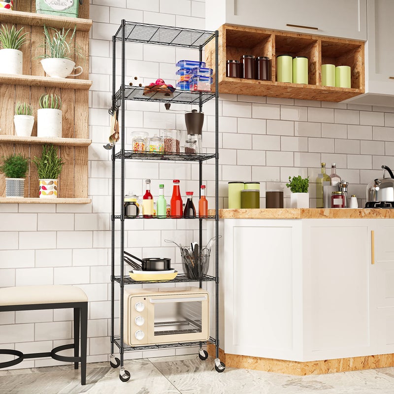 Homdox 6-Tier Storage Shelf Wire Shelving Unit Free Standing Rack Organization with Caster Wheels, Stainless Side Hooks, Black - Image 3
