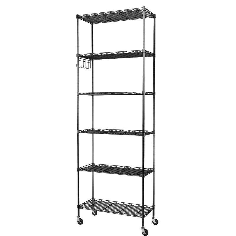 Homdox 6-Tier Storage Shelf Wire Shelving Unit Free Standing Rack Organization with Caster Wheels, Stainless Side Hooks, Black - Image 1