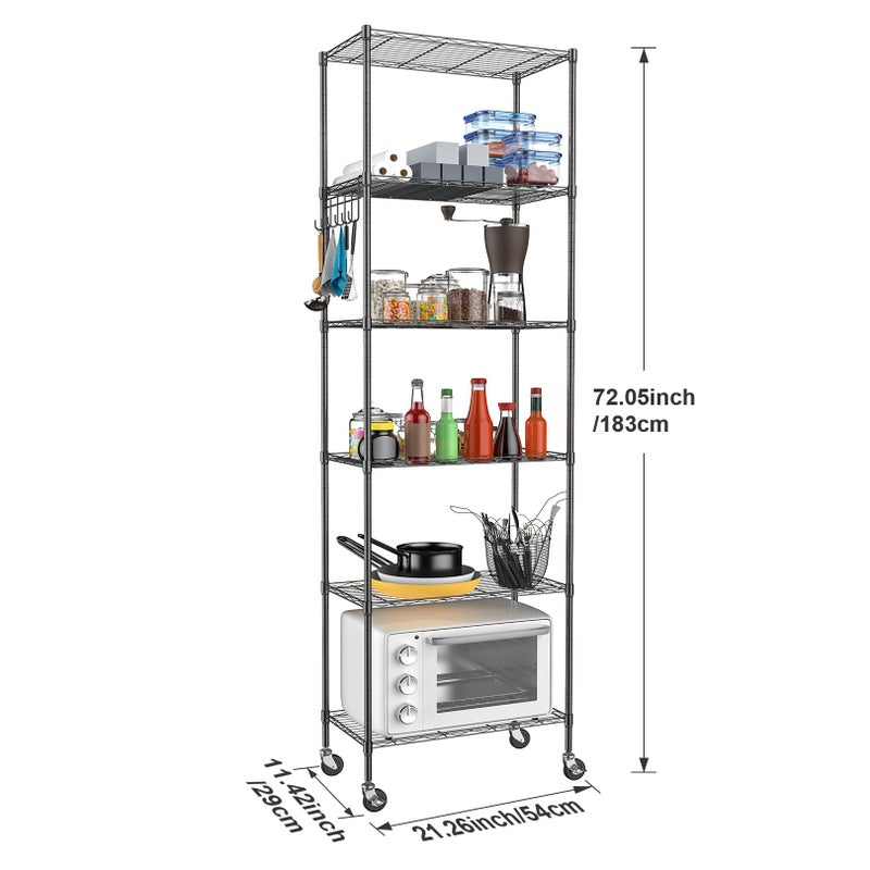 Homdox 6-Tier Storage Shelf Wire Shelving Unit Free Standing Rack Organization with Caster Wheels, Stainless Side Hooks, Black - Image 2