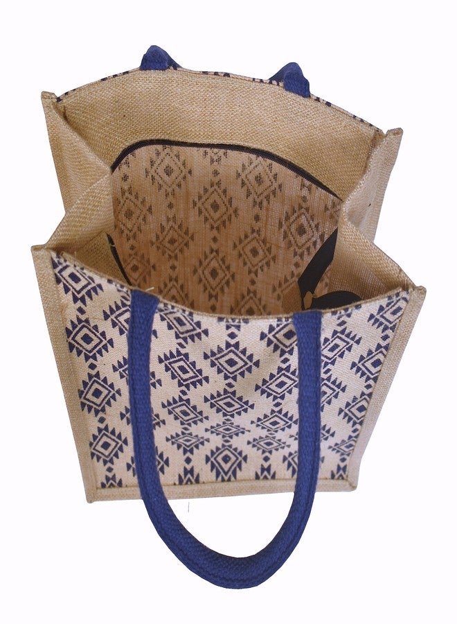 Daffodil Jute Bags For Lunch | Tote Bag | Handcrafted Diamond Print Bag | Eco Friendly Carry Bag | Durable Bags for Men & Women | Jute Handbags with Zipper (Blue) - Image 3