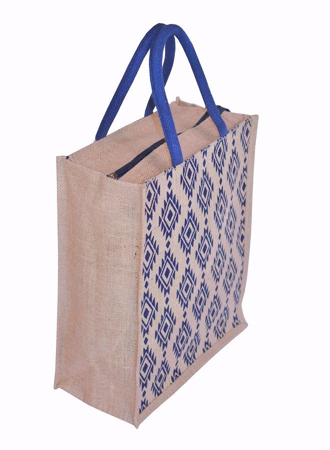 Daffodil Jute Bags For Lunch | Tote Bag | Handcrafted Diamond Print Bag | Eco Friendly Carry Bag | Durable Bags for Men & Women | Jute Handbags with Zipper (Blue) - Image 2