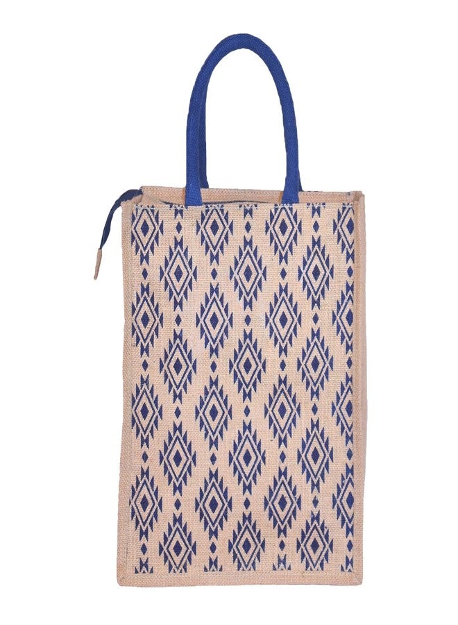 Daffodil Jute Bags For Lunch | Tote Bag | Handcrafted Diamond Print Bag | Eco Friendly Carry Bag | Durable Bags for Men & Women | Jute Handbags with Zipper (Blue) - Image 1