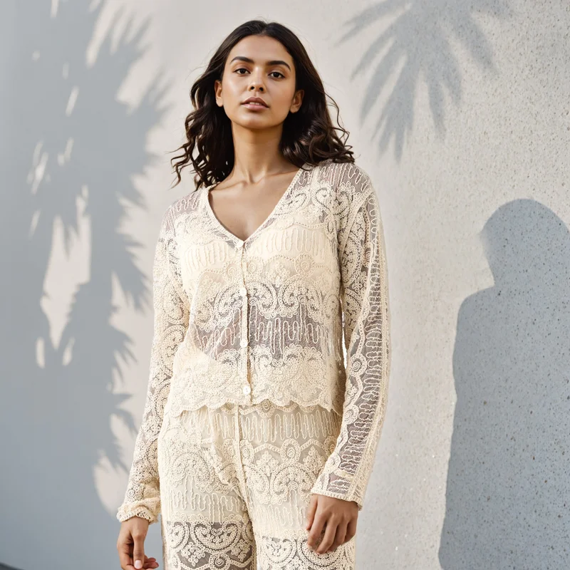 2Xtremz 2Xtremz Crochet Textured V-neck Jacket with Scalloped Hem