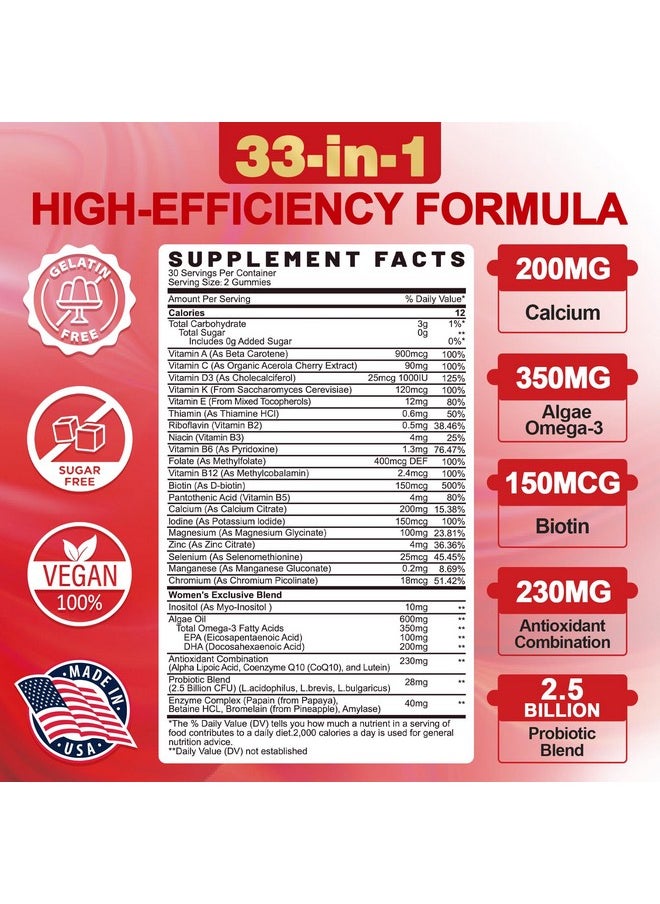 EnvyCure Sugar-Free Womens Multivitamin Gummies, Methylated Multivitamin for Women/w Omega-3, Calcium, Enzymes & Probiotic, Vitamin A, C, D3, Folate, Biotin, Inositol - Skin, Hair Growth, Immune, Bone - Vegan  - Image 2