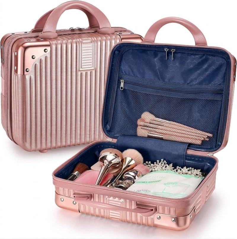 FALMAGU Portable Hard Shell Cosmetic Bag Travel Case, Small Travel Hand Luggage with Elastic Band, Mini Abs Carrying Makeup Case Suitcase,Small Suitcase (B-Rose Gold) - Image 3