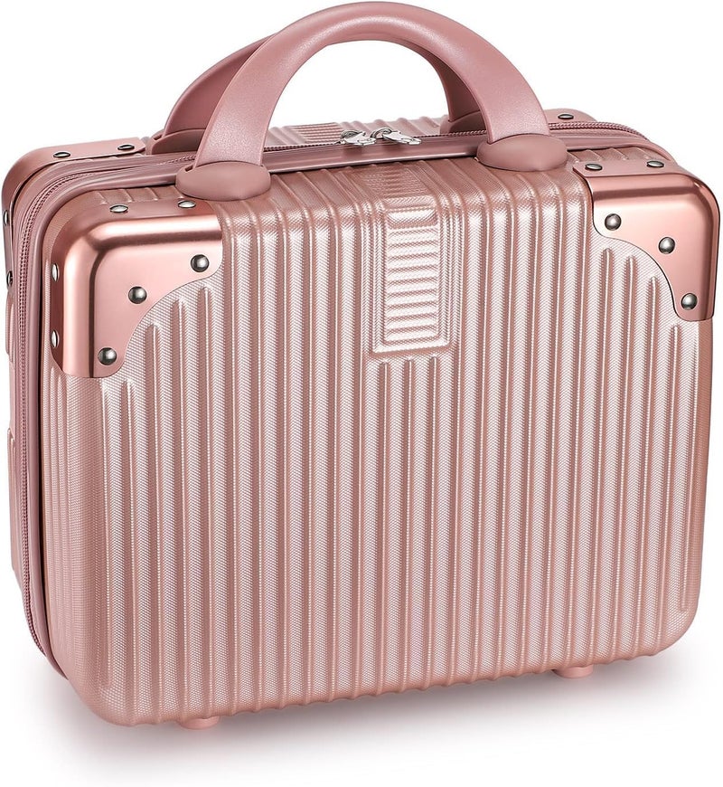 FALMAGU Portable Hard Shell Cosmetic Bag Travel Case, Small Travel Hand Luggage with Elastic Band, Mini Abs Carrying Makeup Case Suitcase,Small Suitcase (B-Rose Gold) - Image 1