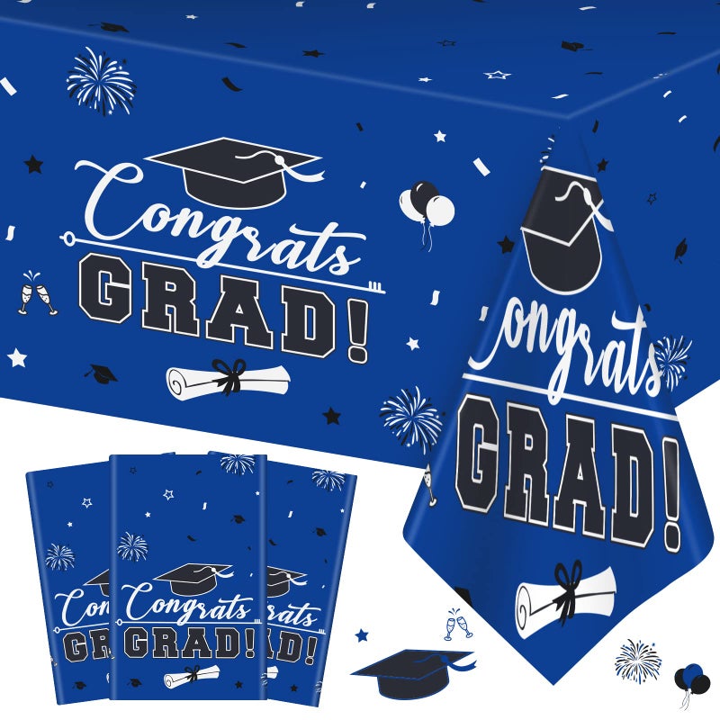 3 Pcs Graduation Tablecloth  Congrats Grad Table Cloth for Class of 2025 Disposable Plastic Rectangle Grad Table Cover for Graduation Party Decorations 2025 and Party Supplies 54 x 108 Inch Blue