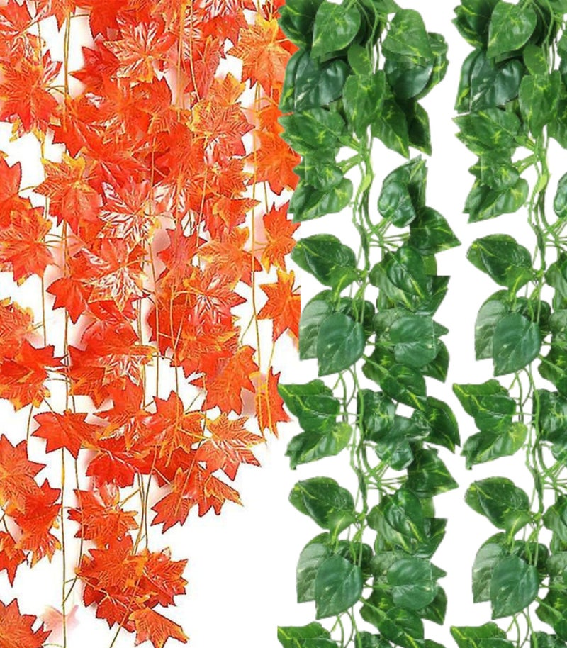 Dekorly Artificial Green Leaf Vine Money Plant Hanging, Artificial Ivy Leaves, Artificial Creeper Leaf Vine, Artificial Ivy Foliage, Ivy Wall Decor,Roof Decor | Each Plant 6 Feet (Orange & Green, 8) - Image 1