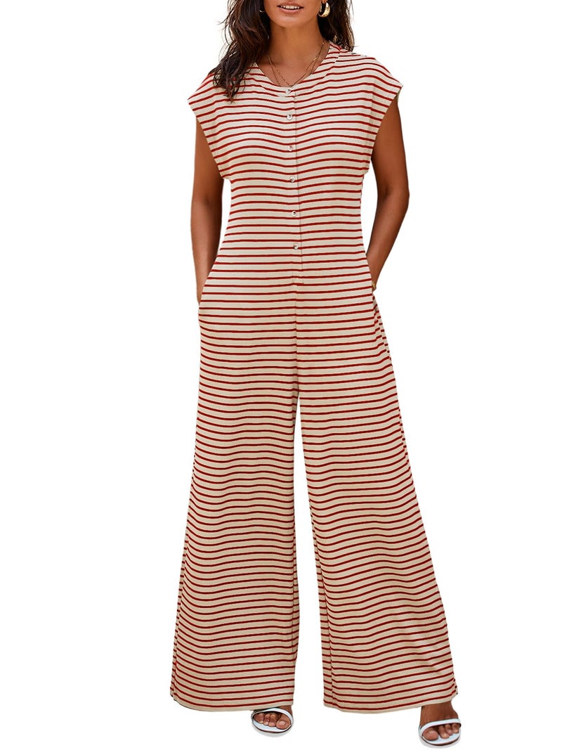 Cicy Bell Womens Casual Striped Jumpsuits Summer Cap Sleeve Wide Leg Jumper Romper Button Down Travel Beach Outfits - Image 1