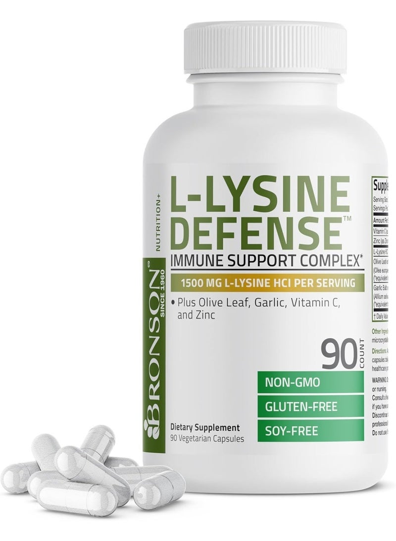 Bronson L-Lysine Defense Immune Support Complex 1500 MG L-Lysine Plus Olive Leaf, Garlic, Vitamin C and Zinc - Non-GMO, 90 Vegetarian Capsules - Image 1