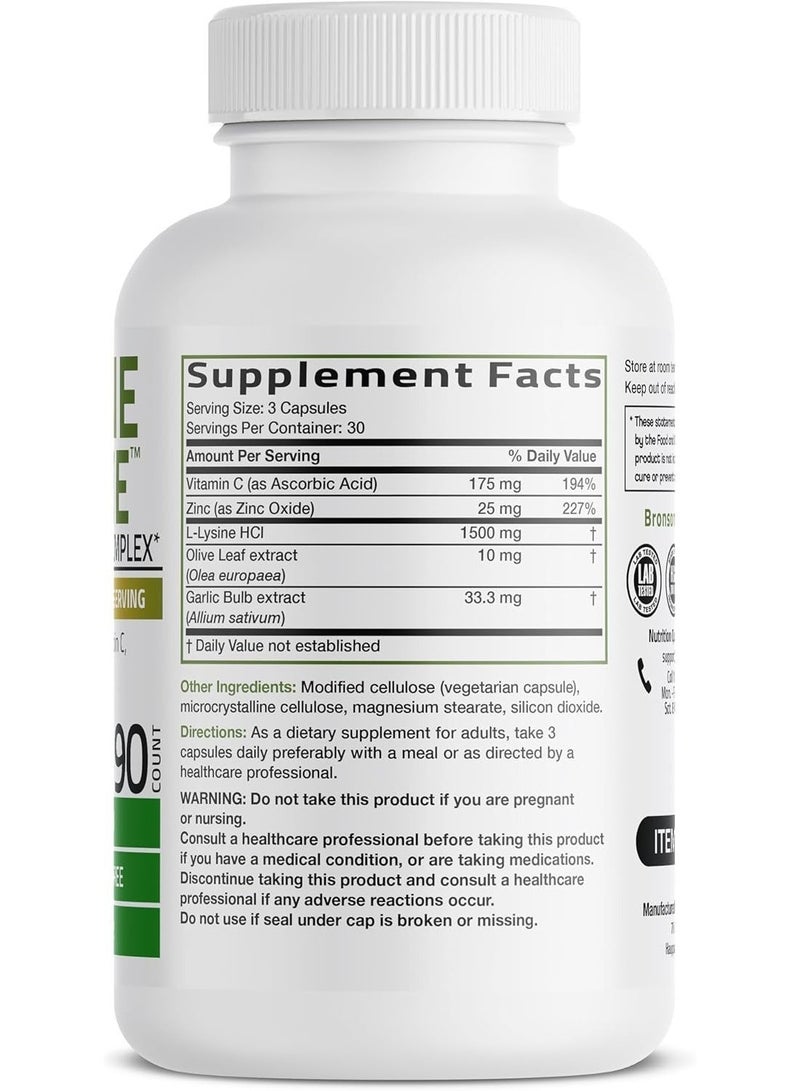 Bronson L-Lysine Defense Immune Support Complex 1500 MG L-Lysine Plus Olive Leaf, Garlic, Vitamin C and Zinc - Non-GMO, 90 Vegetarian Capsules - Image 2