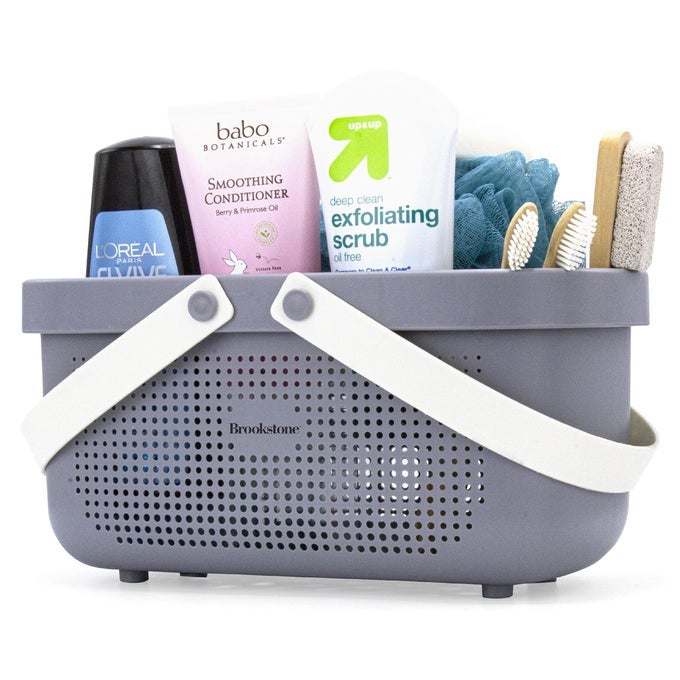 BKH1633 LARGE PORTABLE SHOWER CADDY WITH SOFT SILICONE CARRYING HANDLE BATHROOM ORGANIZER BASKET PLASTIC BATH TOTE DRIES QUICKLY WITH DRAINAGE HOLES BPA FREE GRAY