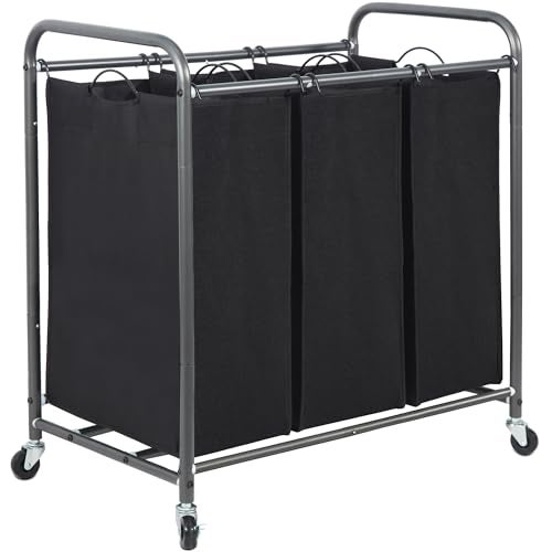 STORAGE MANIAC 3 Section Laundry Sorter, 35.9 Gal (136 L) Laundry Hamper Cart with Heavy Duty Rolling Lockable Wheels and Removable Bags, Clothes Organizer Basket Clothes Separator Hamper, Black - Image 1
