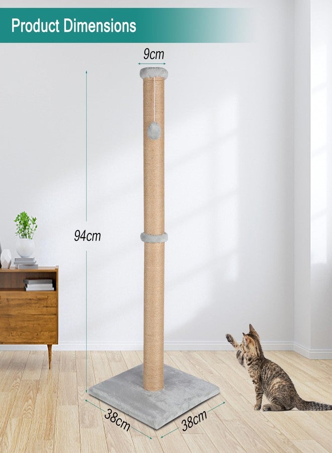 FluffyDream 37'' Cat Scratching Post, Natural Sisal Rope Scratcher with Dangling Teaser Ball and Covered with Soft Plush for Kittens and Adult Cats, Sand Color - Image 3