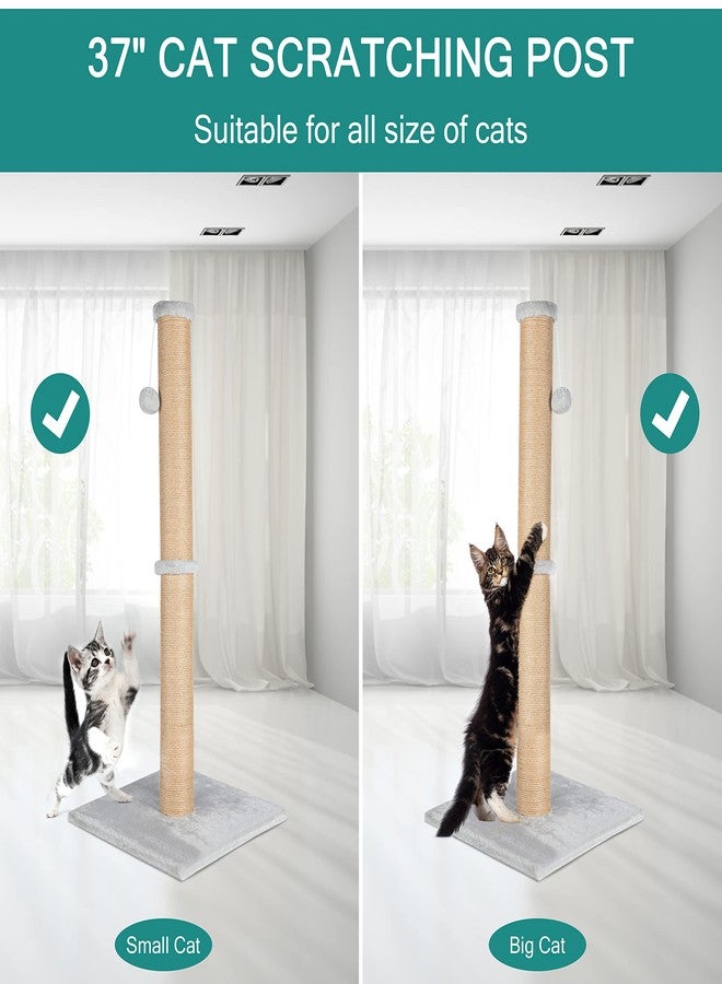 FluffyDream 37'' Cat Scratching Post, Natural Sisal Rope Scratcher with Dangling Teaser Ball and Covered with Soft Plush for Kittens and Adult Cats, Sand Color - Image 4