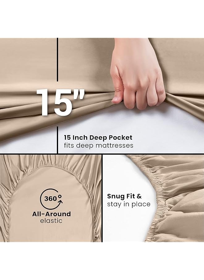 erorex - King Fitted Sheet Bottom Sheet Deep Pocket Soft Microfiber Shrinkage And Fade Resistant Easy Care 1 Fitted Sheet Only Beige - Image 1