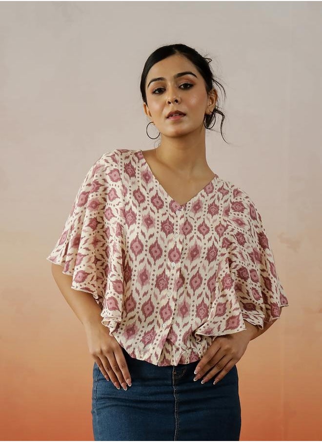 sanskrutihomes All-Over Print Kimono Sleeve V-Neck Top by Styli  - Image 1