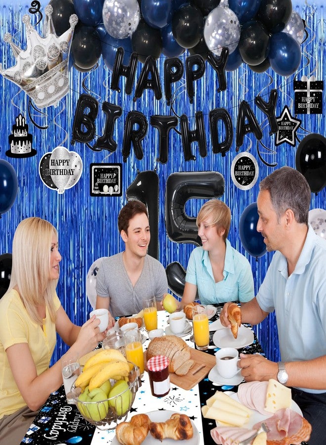Purtarly 15th Birthday Decorations for Boys Girls, Blue Black Happy 15th Birthday Decorations Boy, 15 Year Old Birthday Balloons Banner, Tablecloth, Fringe Curtains Hanging Swirls Boy 15 Bday Party Decor - Image 5