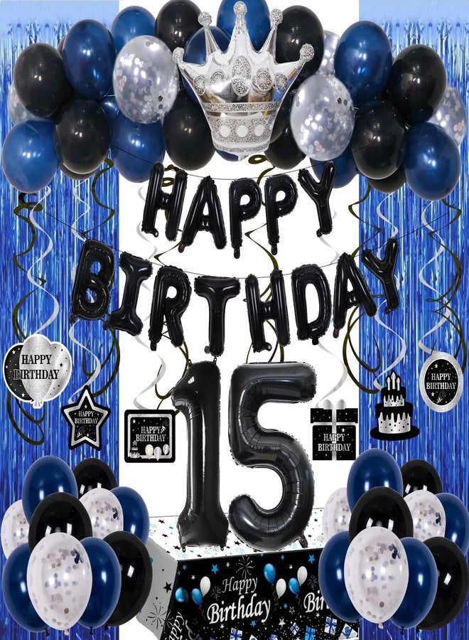 Purtarly 15th Birthday Decorations for Boys Girls, Blue Black Happy 15th Birthday Decorations Boy, 15 Year Old Birthday Balloons Banner, Tablecloth, Fringe Curtains Hanging Swirls Boy 15 Bday Party Decor - Image 1