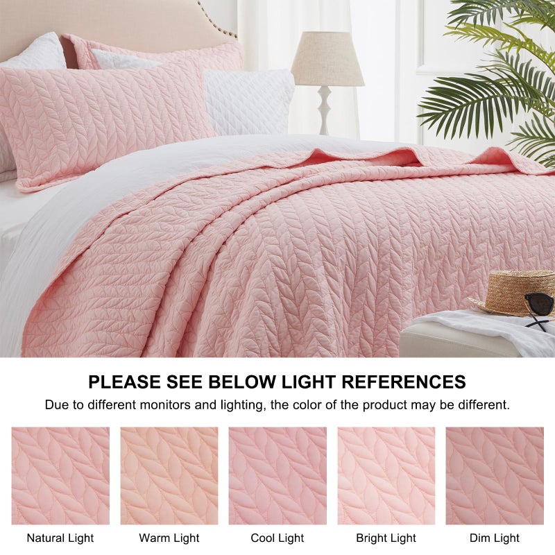 SunStyle Home Pink لحاف مزدوج الحجم طقم سرير خفيف الوزن بطانية صيفية مفرش سرير ناعم ذو وجهين لجميع المواسم 3 قطع أوراق مطرزة فاخرة متينة مبطن خياطة سرير مجموعة أحمر الخدود - Image 4