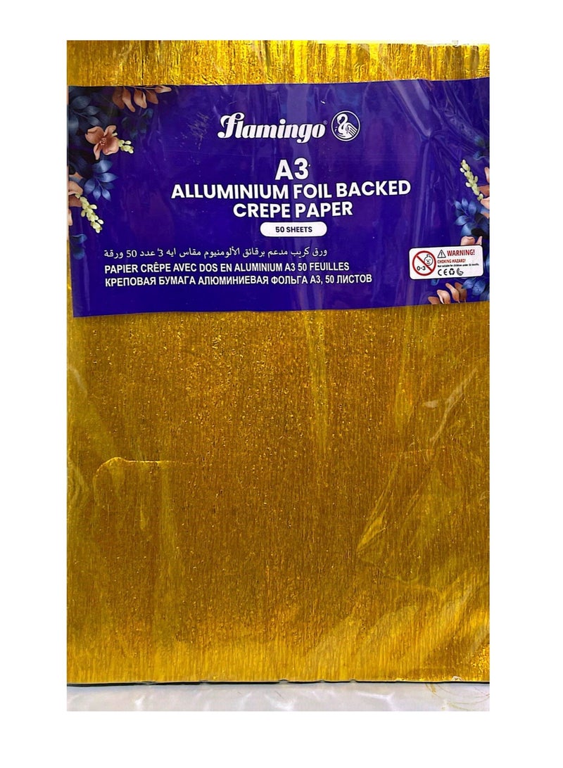 Flamingo Aluminium Crepe Paper Assortment. Pack of 50 Top quality aluminium crepe paper in a range of bright shiny metallic colours. Ideal for a wide variety of decorative projects. A3 SIZE ASSORATED COLORS 10 COLORS - Image 1