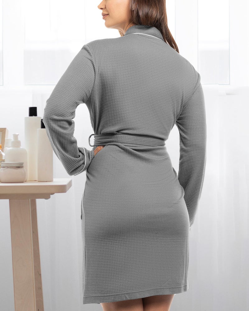 NY Threads Womens Robe Soft Knit Waffle Bathrobe Lightweight Knee-Length Loungewear, Medium, Grey - Image 2