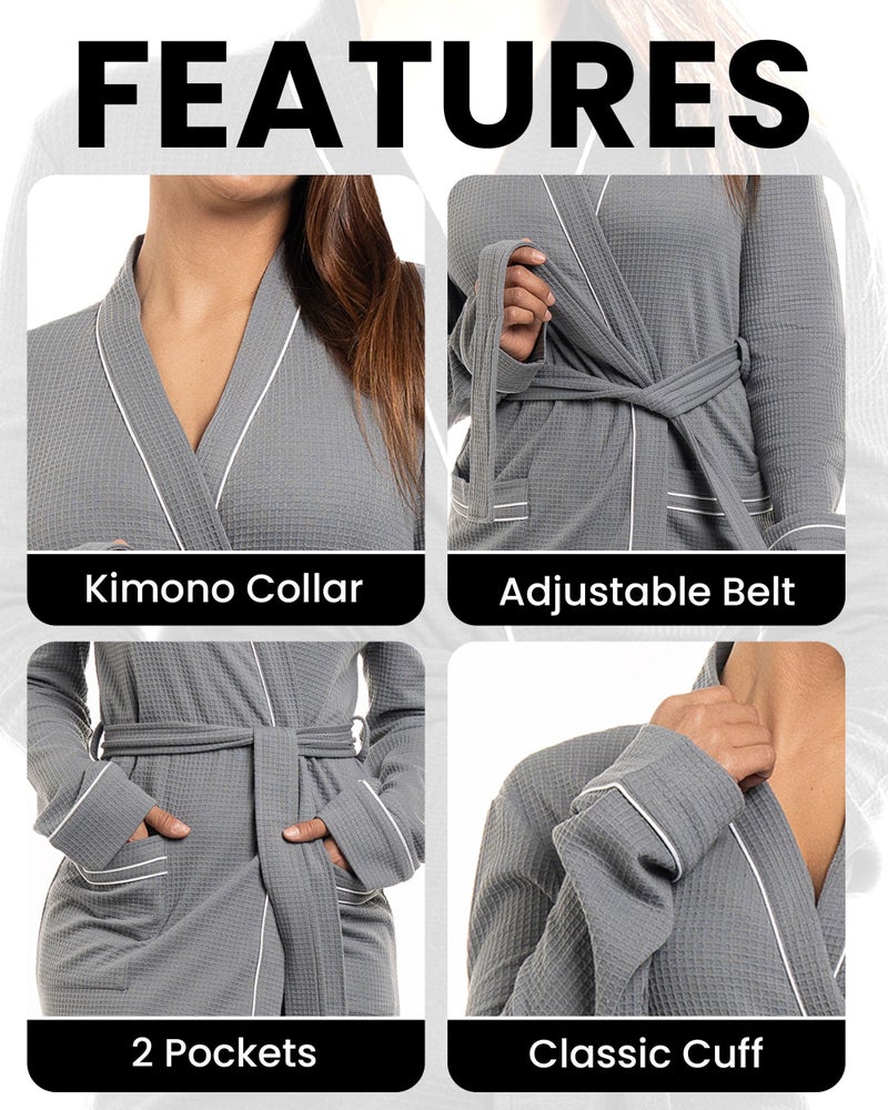 NY Threads Womens Robe Soft Knit Waffle Bathrobe Lightweight Knee-Length Loungewear, Medium, Grey - Image 3