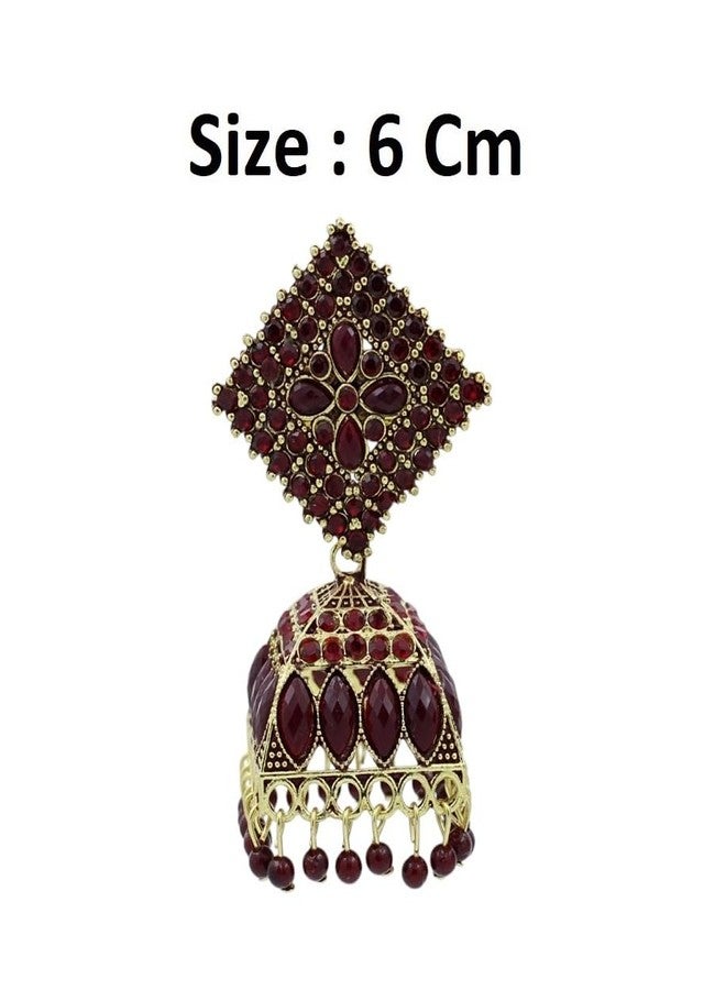 Stylewell Traditional Maroon Color Jhumka Earrings Set for Women & Girls,antique Gold Plated Ethnic Jewelry,lightweight Oxidized Indian Earrings for Festive - Image 3