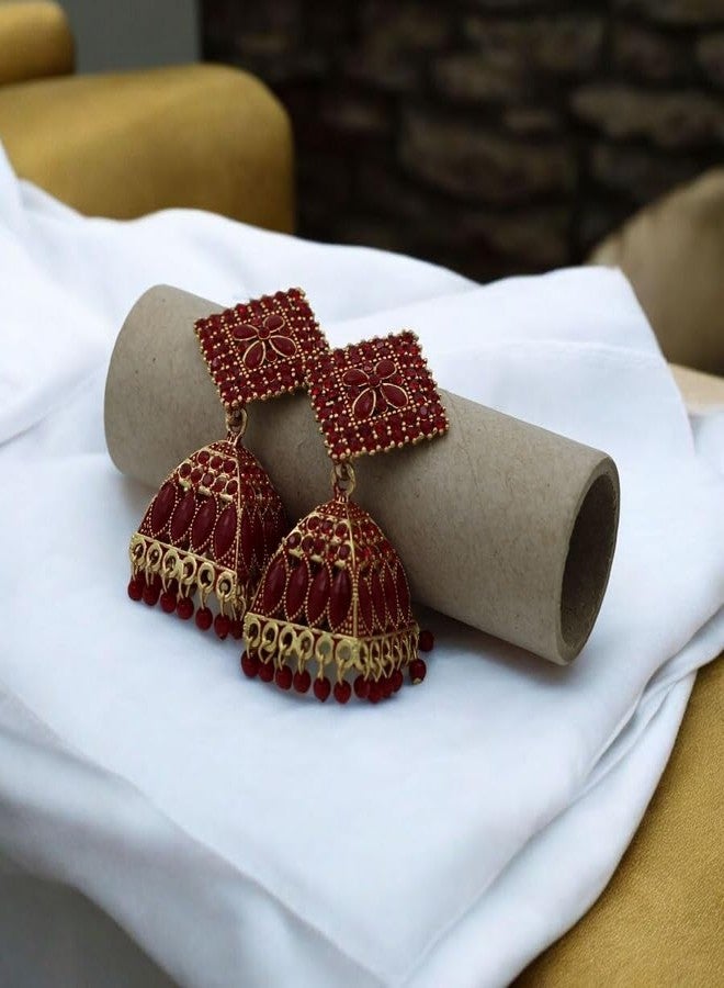 Stylewell Traditional Maroon Color Jhumka Earrings Set for Women & Girls,antique Gold Plated Ethnic Jewelry,lightweight Oxidized Indian Earrings for Festive - Image 4