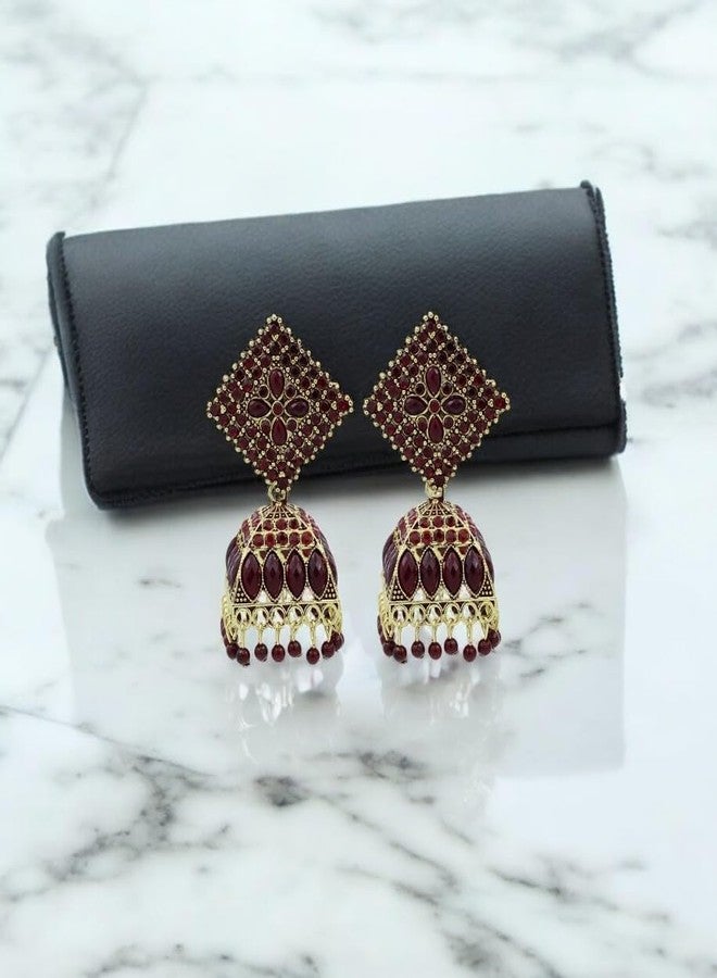 Stylewell Traditional Maroon Color Jhumka Earrings Set for Women & Girls,antique Gold Plated Ethnic Jewelry,lightweight Oxidized Indian Earrings for Festive - Image 5