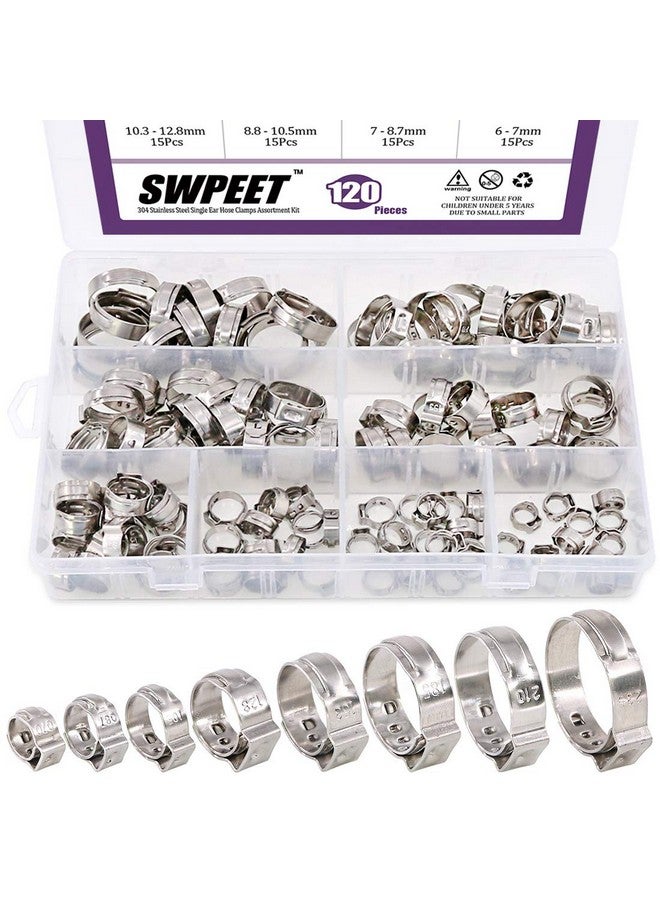 Swpeet Swpeet 120Pcs 8 Sizes 304 Stainless Steel Single Ear Hose Clamps, Crimp Hose Clamp Assortment Kit Ear Cinch Rings Crimp Pinch Fitting Tools Perfect for Automotive, Home Appliance Line  - Image 1