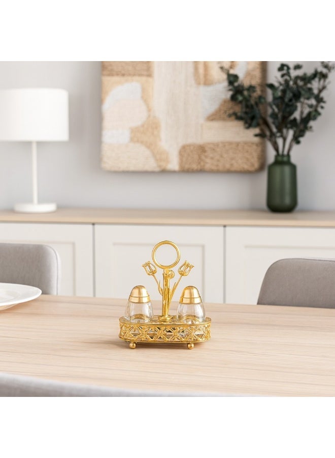 دانيا طقم مملحة وفلفل زجاجي مع حامل معدني ذهبي فاخر 🌟✨ - Image 1