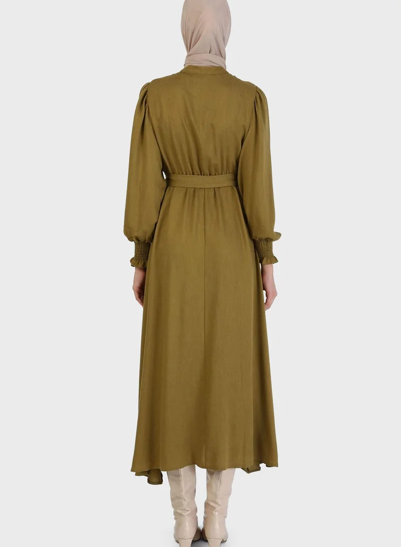 Refka by modanisa Shirred Balloon Sleeve Belted Dress