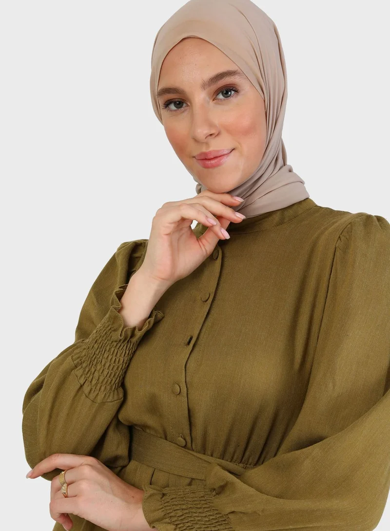 Refka by modanisa Shirred Balloon Sleeve Belted Dress