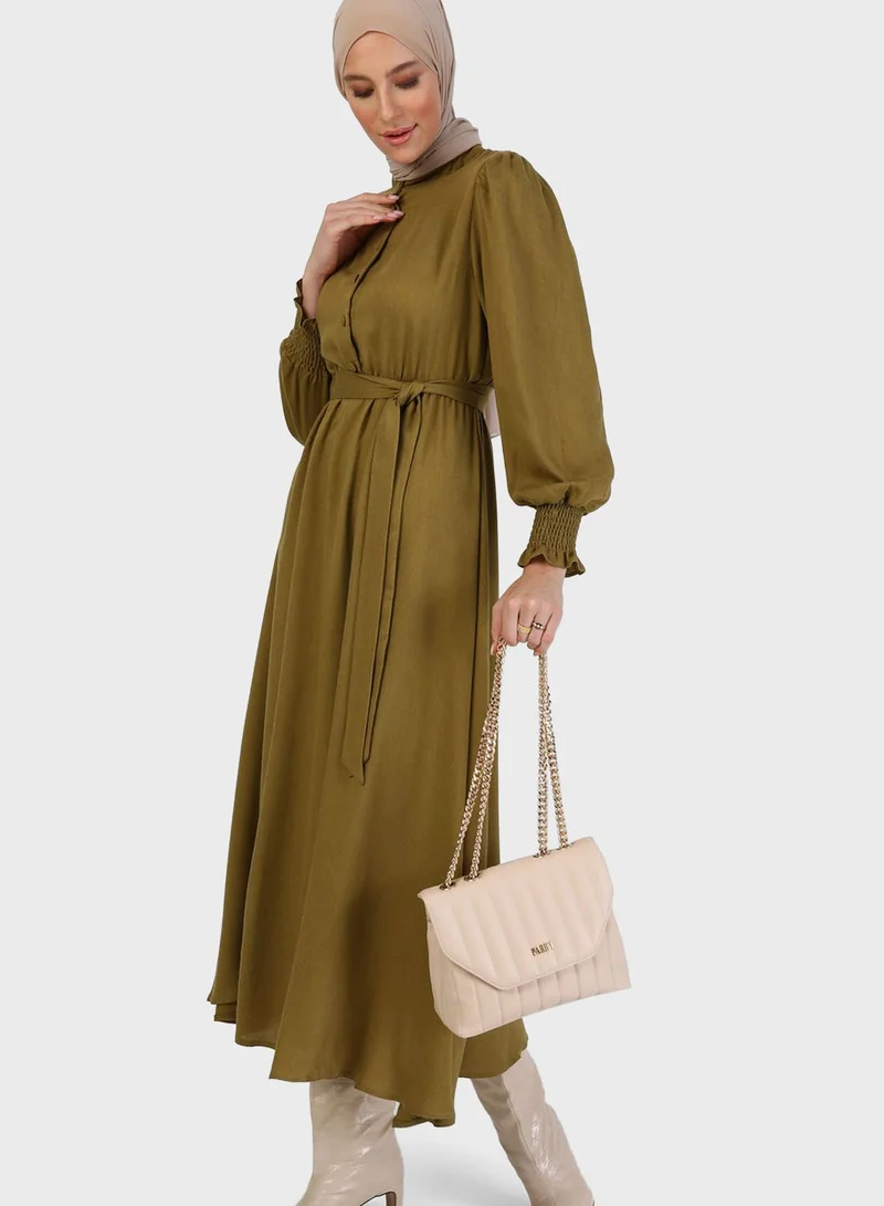 Refka by modanisa Shirred Balloon Sleeve Belted Dress