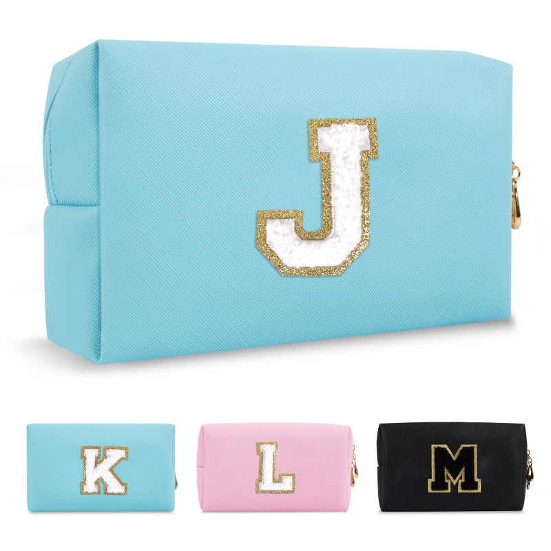 ChaoGreat Small Personalized Initial A-Z Preppy Patch Makeup Bag Pu Chenille Letter Travel Cosmetic Pouch With Zipper Blue Cute Toiletry Bag Gift Ideal For Teen Girls Women Teacher Bridesmaid Letter J - Image 1