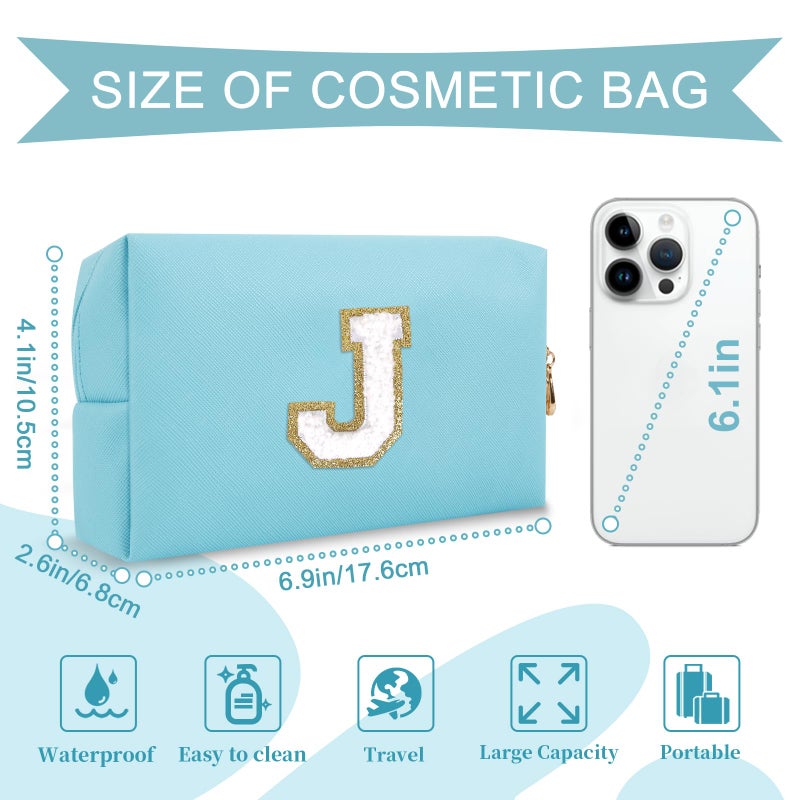 ChaoGreat Small Personalized Initial A-Z Preppy Patch Makeup Bag Pu Chenille Letter Travel Cosmetic Pouch With Zipper Blue Cute Toiletry Bag Gift Ideal For Teen Girls Women Teacher Bridesmaid Letter J - Image 2