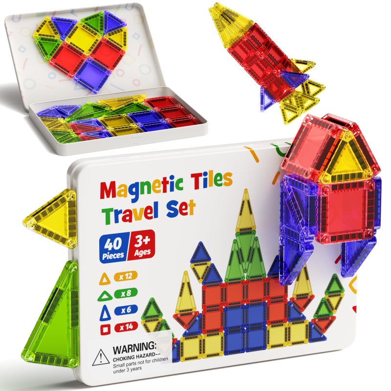 STEM MATCH Mini Magnetic Tiles for Kids Travel 40pcs STEM Building Blocks with Visual Storage Guide Metal Box Play Base Toddler Airplane Activities Toys for Ages 3548 Compact Travel Toys - Image 3