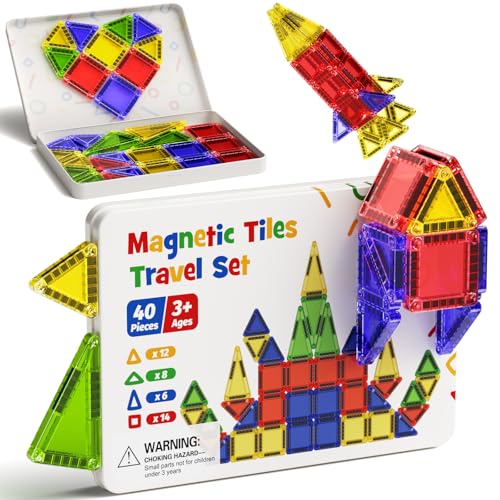 STEM MATCH Mini Magnetic Tiles for Kids Travel 40pcs STEM Building Blocks with Visual Storage Guide Metal Box Play Base Toddler Airplane Activities Toys for Ages 3548 Compact Travel Toys - Image 1