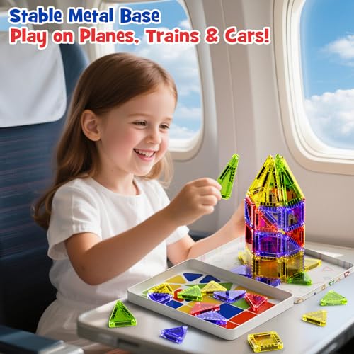 STEM MATCH Mini Magnetic Tiles for Kids Travel 40pcs STEM Building Blocks with Visual Storage Guide Metal Box Play Base Toddler Airplane Activities Toys for Ages 3548 Compact Travel Toys - Image 5