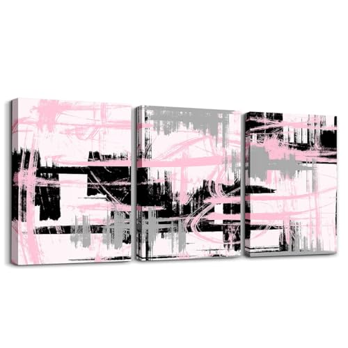 Feelyou Pink Black Grey Framed Canvas Wall Art Modern Stripes Office Decor for Living Room - Image 1