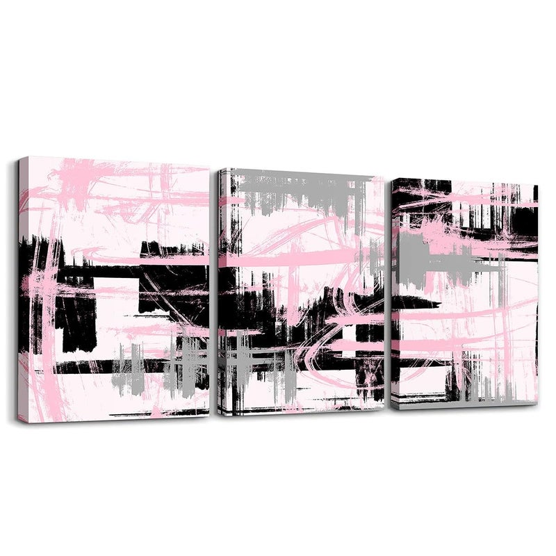 Feelyou Pink Black Grey Framed Canvas Wall Art Modern Stripes Office Decor for Living Room - Image 2