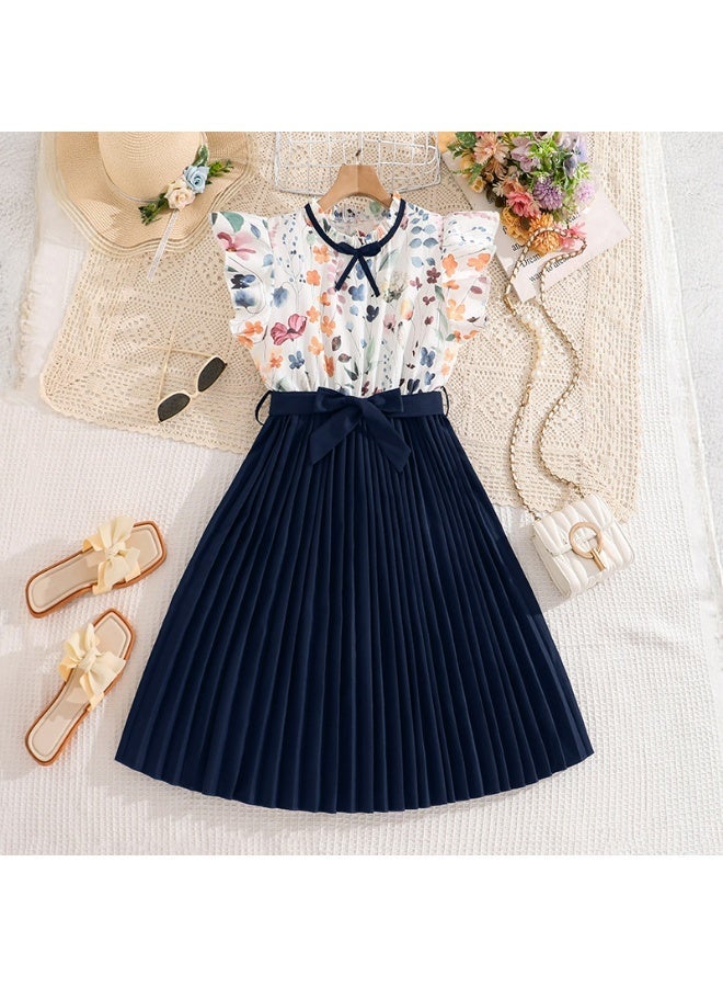 Smarties AE Girls Floral Top & Pleated Navy Dress – Elegant Party Dress for Girls 8-9 Years, Short Sleeve Summer Dress for Birthday, Casual & Occasion Wear - Image 2