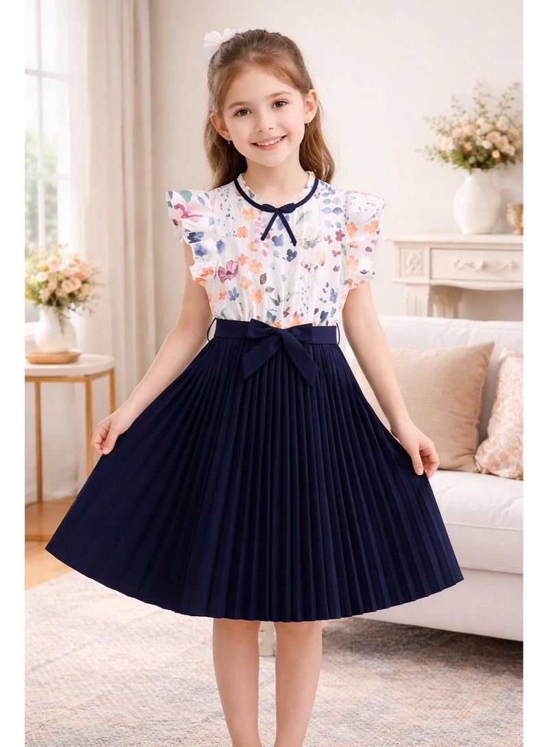 Smarties AE Girls Floral Top & Pleated Navy Dress – Elegant Party Dress for Girls 8-9 Years, Short Sleeve Summer Dress for Birthday, Casual & Occasion Wear - Image 1