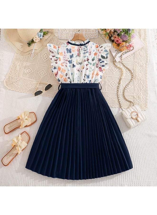 Smarties AE Girls Floral Top & Pleated Navy Dress – Elegant Party Dress for Girls 8-9 Years, Short Sleeve Summer Dress for Birthday, Casual & Occasion Wear - Image 3