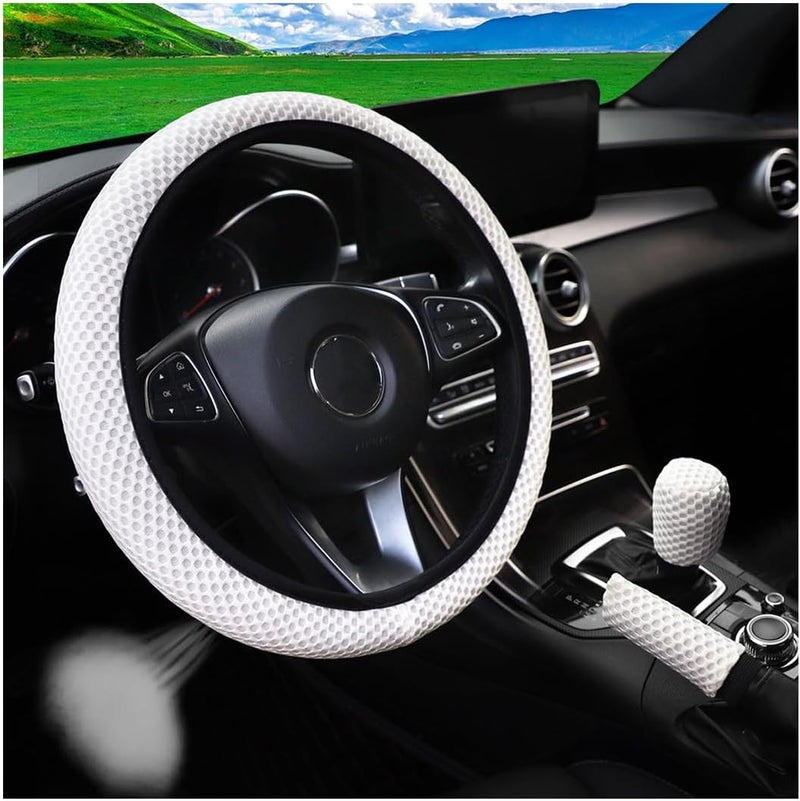 Bittwee 3PCS 15Inch Car Steering Wheel Cover Armrest Cover Gear Shift Cover Set, Microfiber Breathable Anti-Slip Automotive Steering Wheel Protector, Vehicle Interior Decor, Universal Fit（White） - Image 1