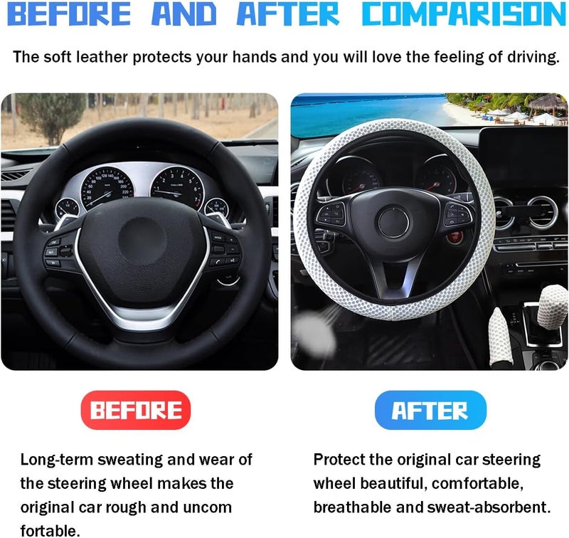 Bittwee 3PCS 15Inch Car Steering Wheel Cover Armrest Cover Gear Shift Cover Set, Microfiber Breathable Anti-Slip Automotive Steering Wheel Protector, Vehicle Interior Decor, Universal Fit（White） - Image 3